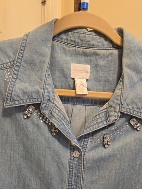 Chico's Light Blue Denim Shirt with Rhinestone Accents